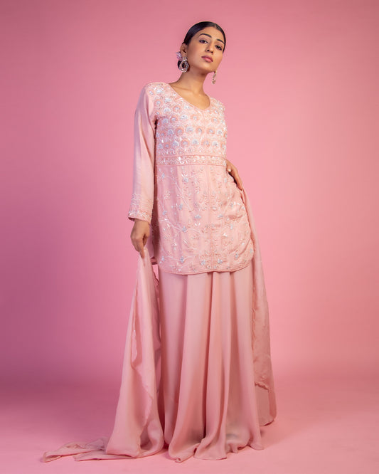 Pink Embroidered Palazzo Set with Dupatta in Georgette
