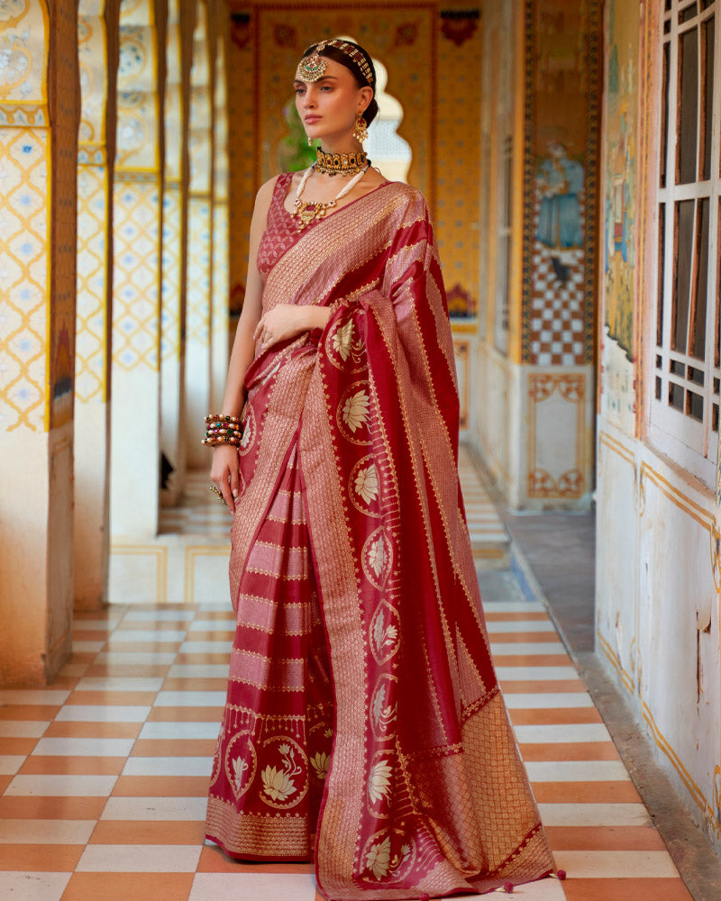 Red Wine Floral Printed Saree With Unstitched Blouse