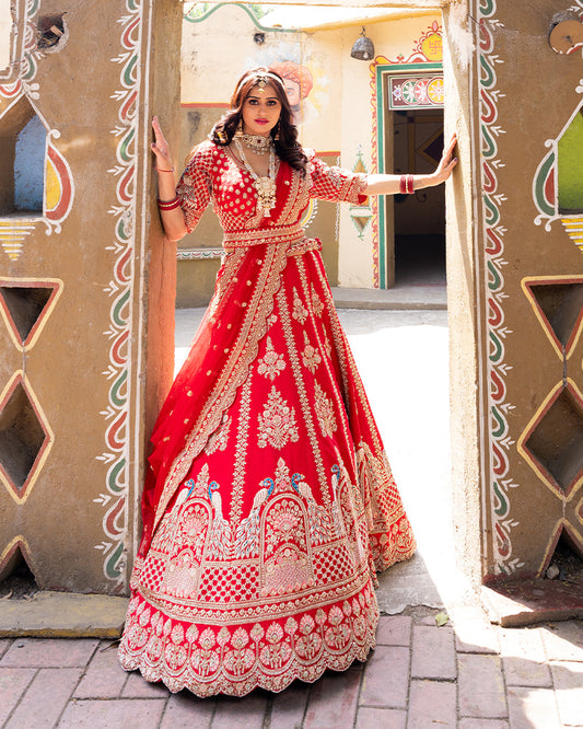 Classic Red Hand Floral Embroidered Lehenga With Dupatta