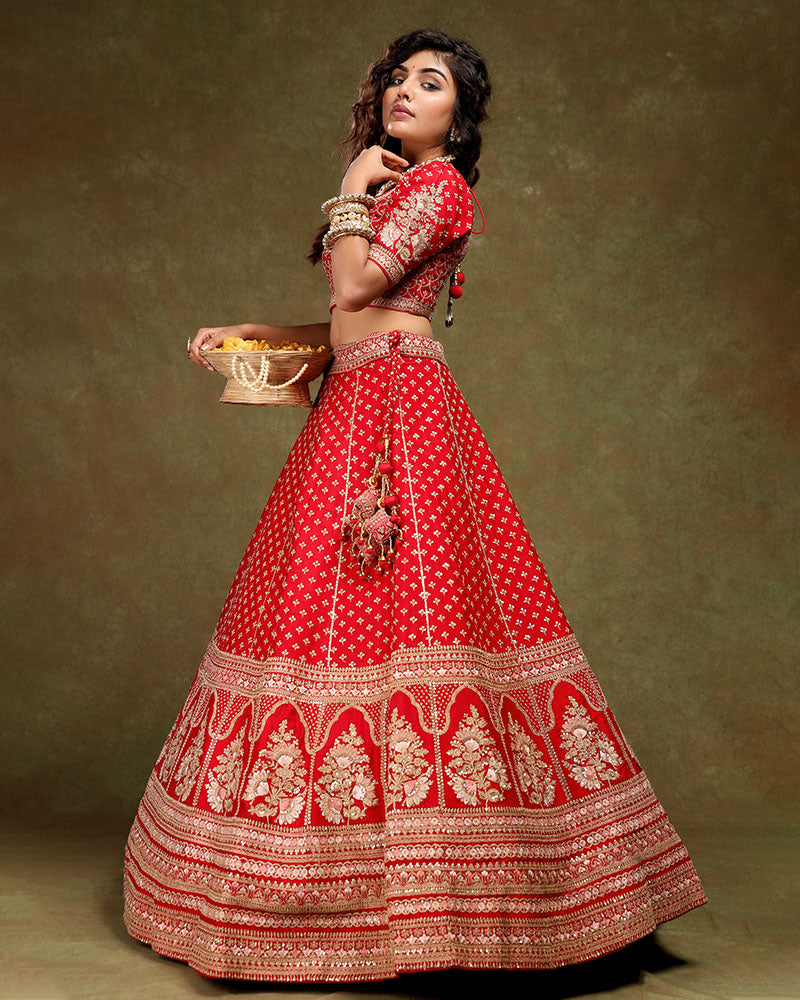Red Bridal Lehenga Choli with Ready Made Blouse and Dupatta