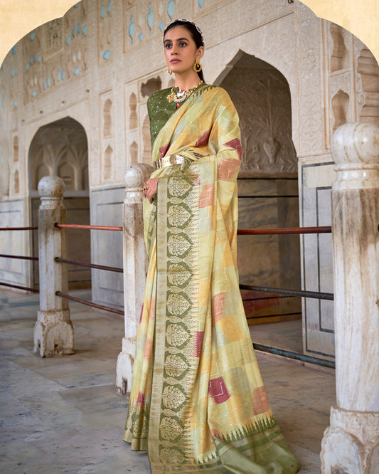 Desert Sand Digital Printed Silk Saree With Olive Green Zari Woven Border