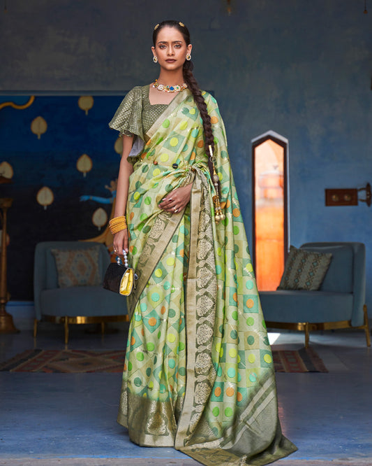 Tea Green Digital Printed Silk Saree With Zari Woven Pallu and Tassel