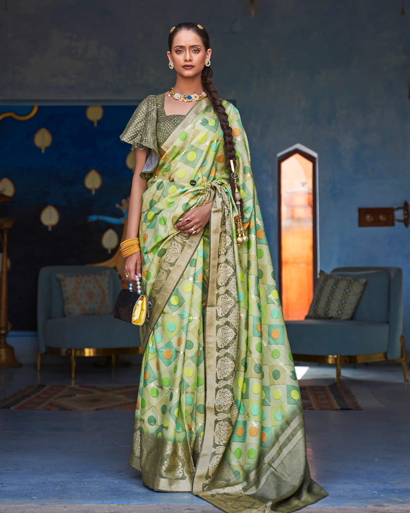 Tea Green Digital Printed Silk Saree With Zari Woven Pallu and Tassel