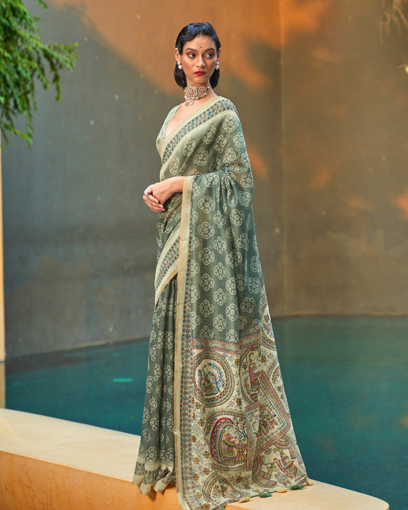 Sage Green Printed Chiffon Saree With Unstitched Blouse Piece