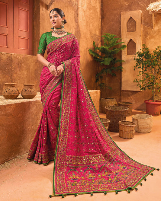 Ruby Red Thread Embroidered Silk Saree With Unstitch Blouse