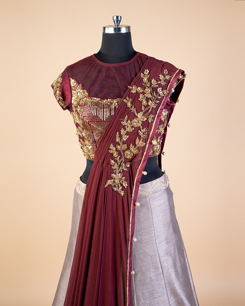 Pastel Purple Embroidered Blouse Lehenga With Attached Dupatta