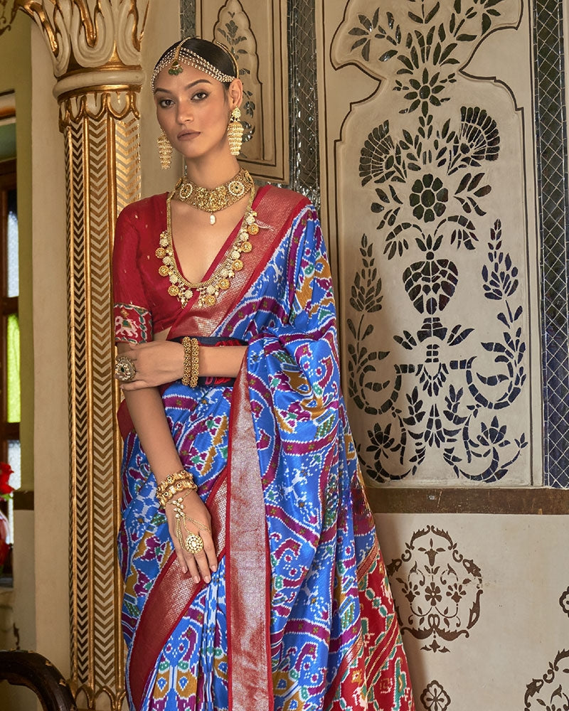 Blue Unique Ikkat Patola Kanjivaram Cotton Silk Saree with zari borders
