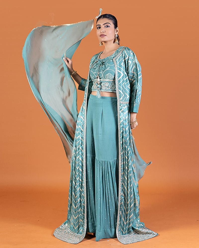 Teal Embroidered Crop Top with Shrug and Palazzo Pants Set