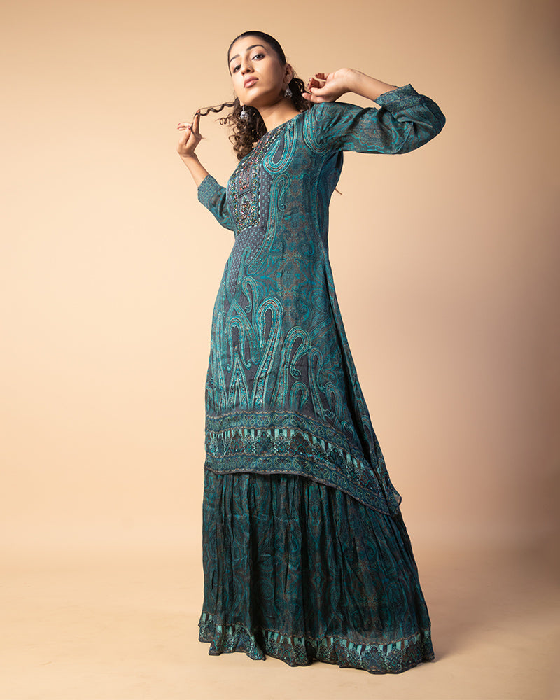 Dusty Blue Printed Kurti With Skirt