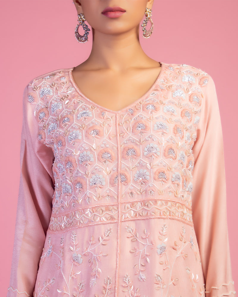 Pink Embroidered Palazzo Set with Dupatta in Georgette