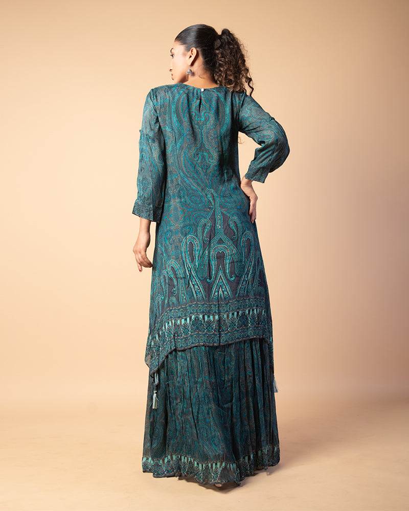 Dusty Blue Printed Kurti With Skirt