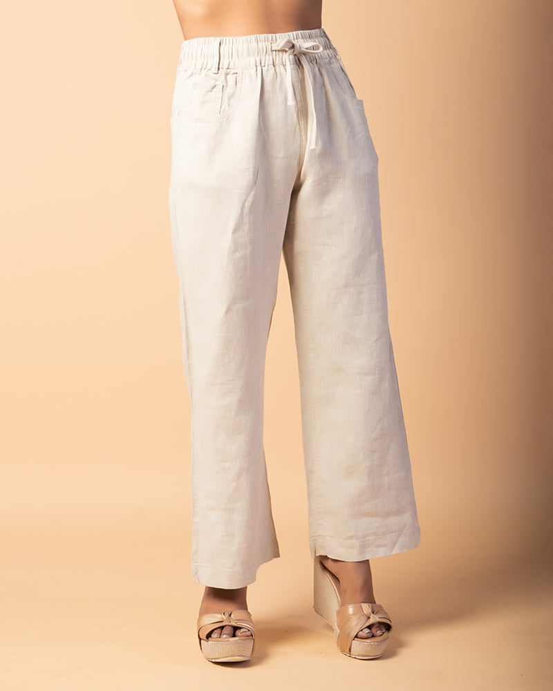 Off WhiteTrousers Loose Slimming Pants With High Waist Pockets