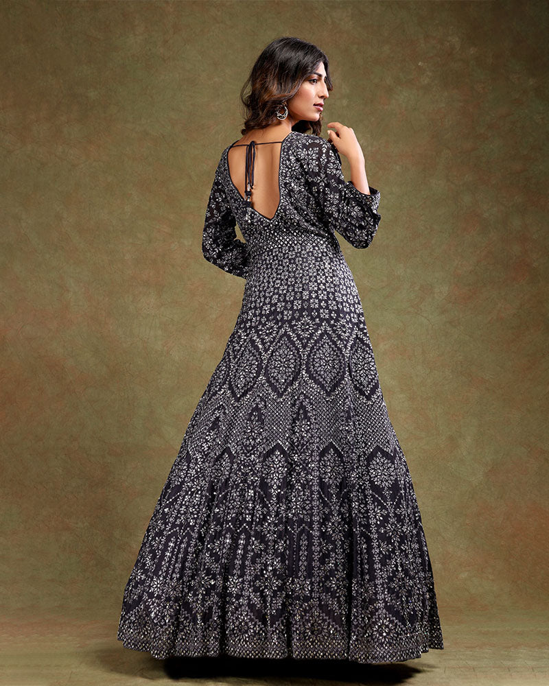 Navy Blue Thread Detail Floor Length Designer Gown