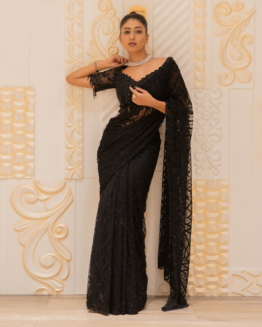 Black net Embroidered Saree With unstitched blouse