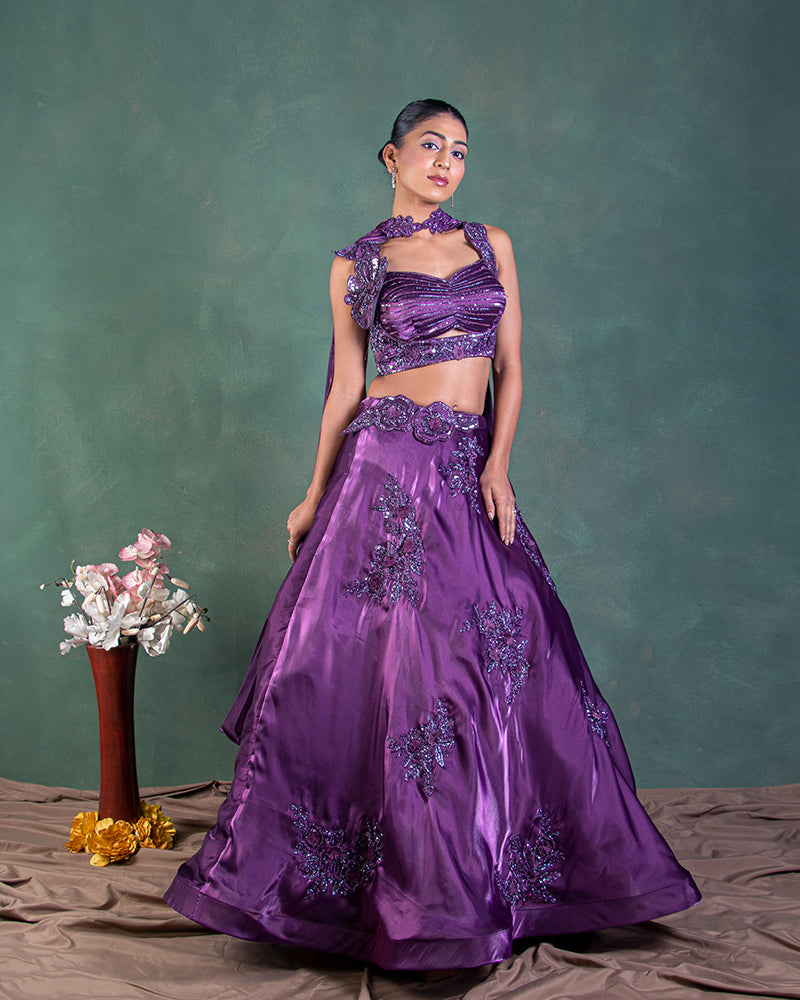 Purple Satin Floral  Embroidered Lehenga Set