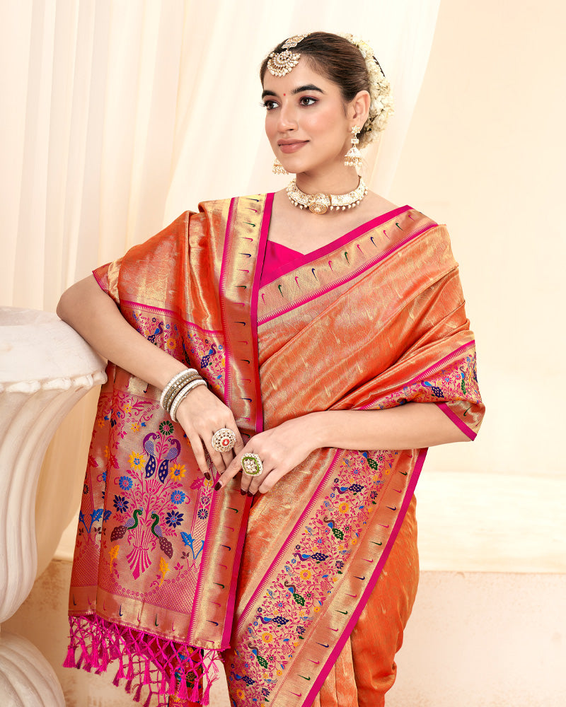 Orange Zari Woven Silk Saree and Pink Embroidered Pallu