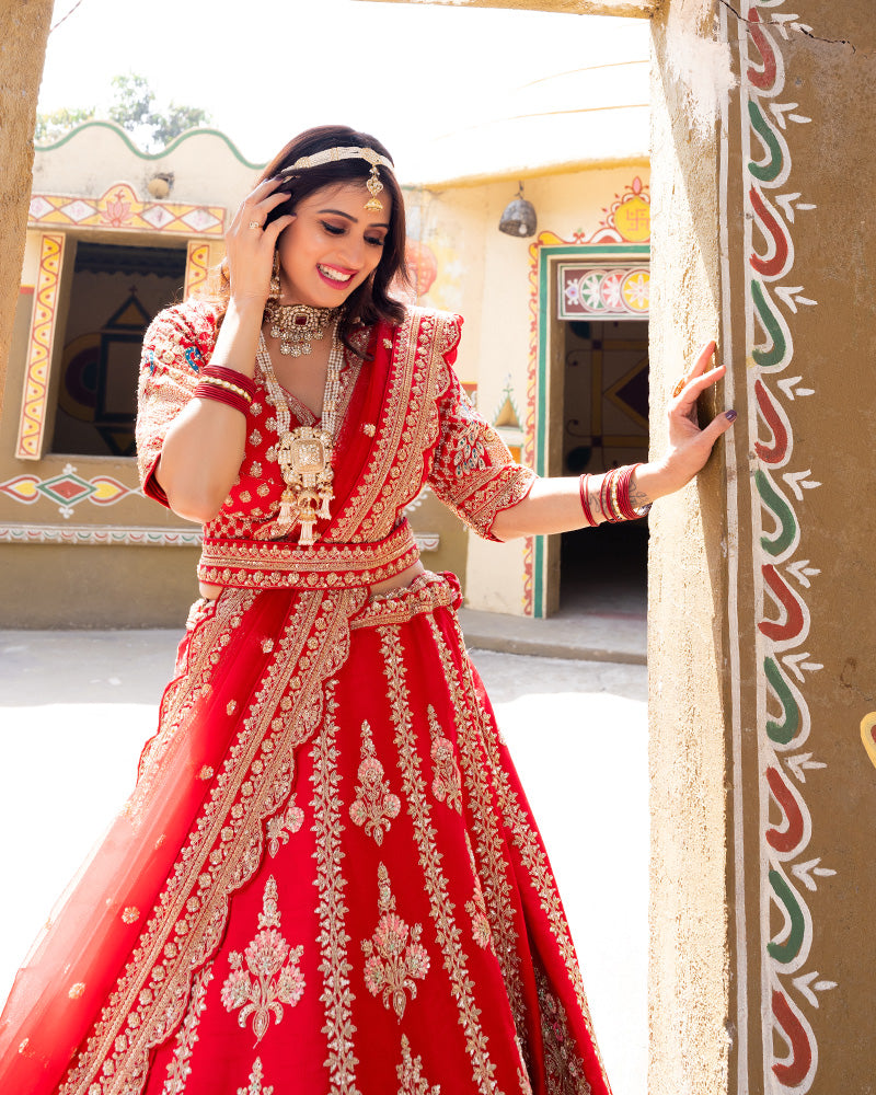 Classic Red Hand Floral Embroidered Lehenga With Dupatta