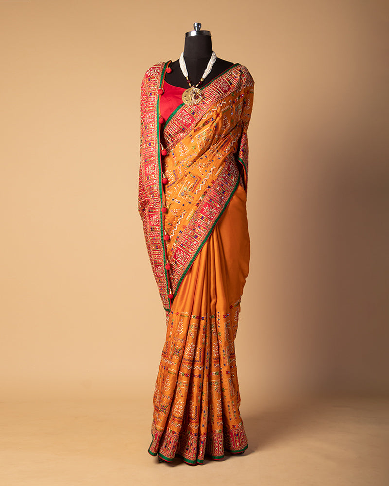 Dusty Orange Silk Saree with Hand Embroidered Pallu