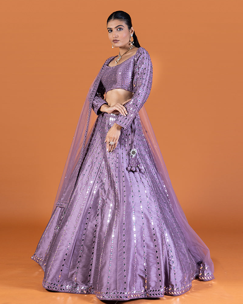 Mirror Work Embellished Lavender-Purple Lehenga Choli with Dupatta