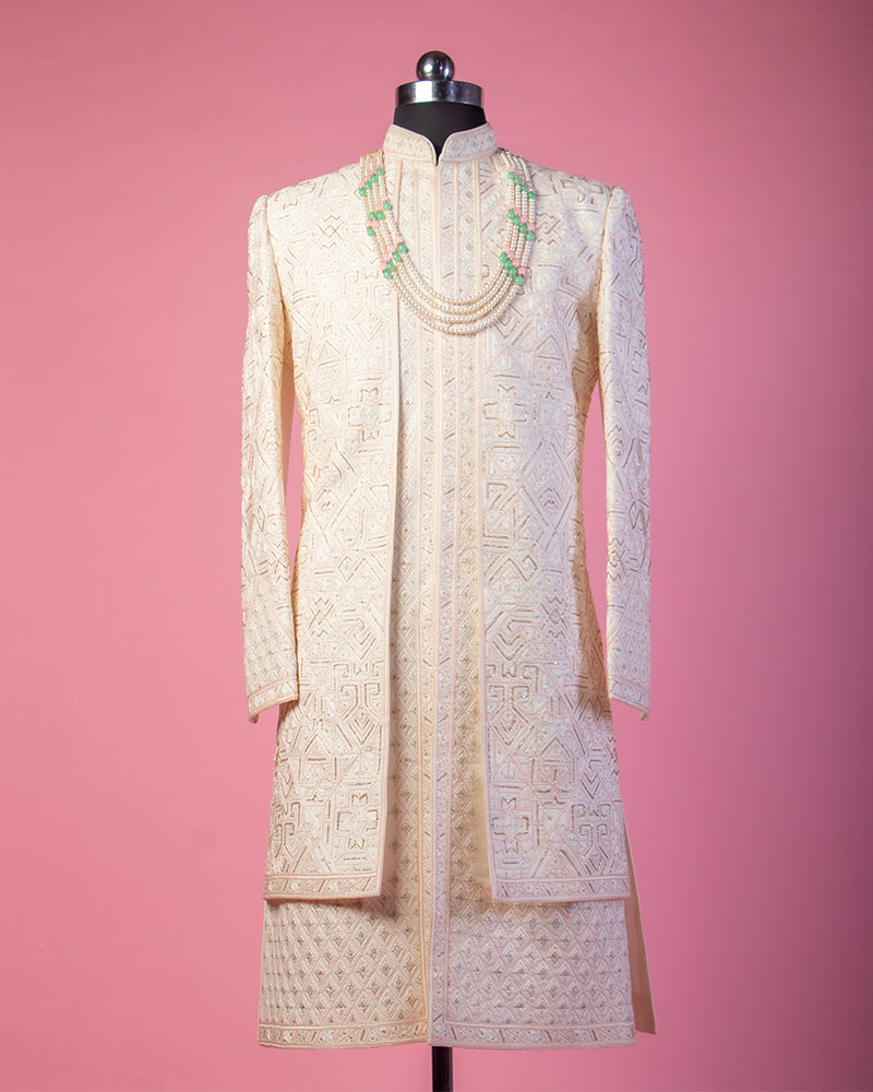 Cream Sherwani with Pyjama in Cotton with Belt