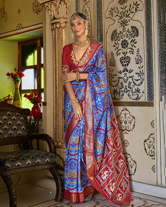 Blue Unique Ikkat Patola Kanjivaram Cotton Silk Saree with zari borders