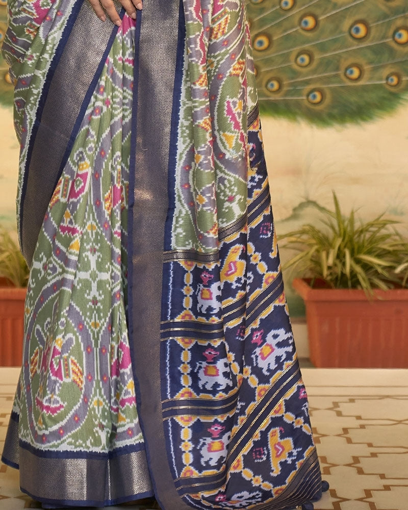 Ikkat Patola Kanjivaram Fusion Silk Saree in Olive Green with Blue Zari border