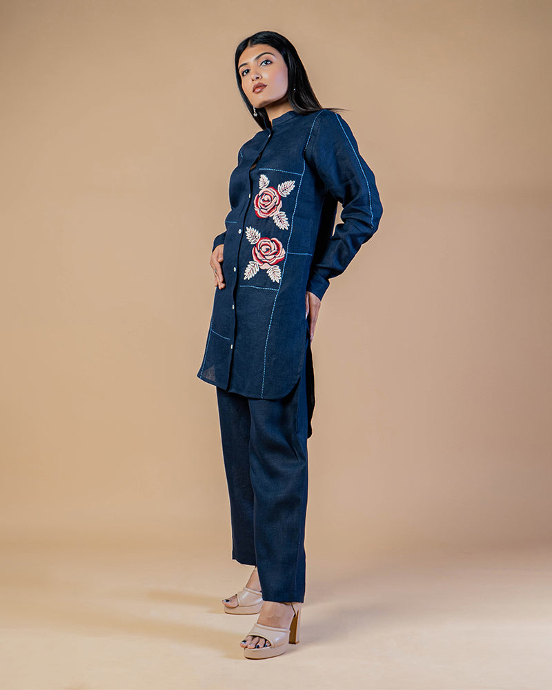 Denim Blue Floral Embroidered Shirt Pant Style Co-ord Set