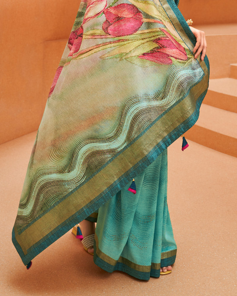 Grey Teal Cotton Silk Saree With Unstitched Blouse
