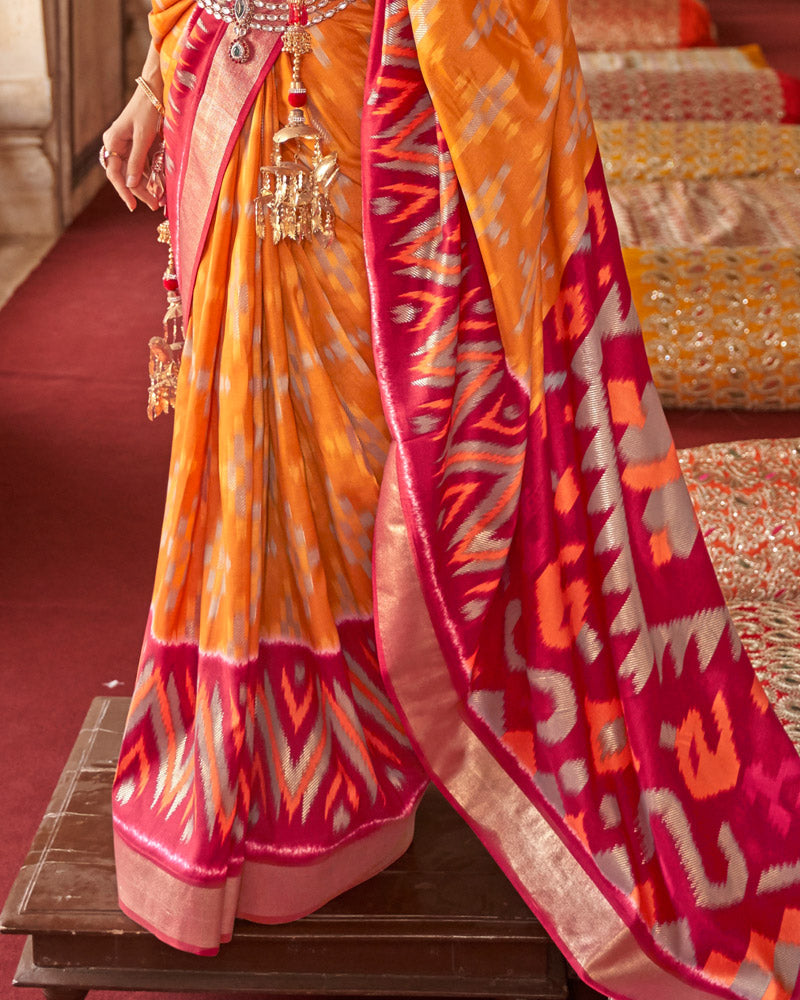 Dark Orange Ikat Pure Patola Printed Silk Saree With Contrast Pallu