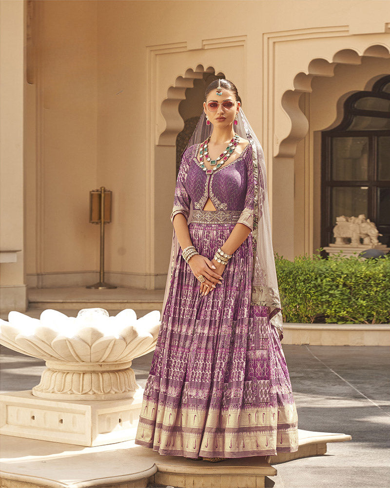 Plum Printed Anarkali Dress With Dupatta