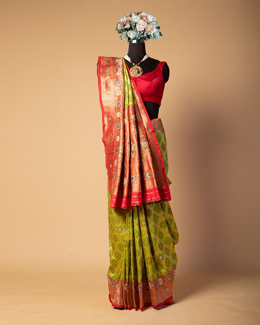 Olive Green Badhani Printed Silk Saree with Hand Embroidered Pallu
