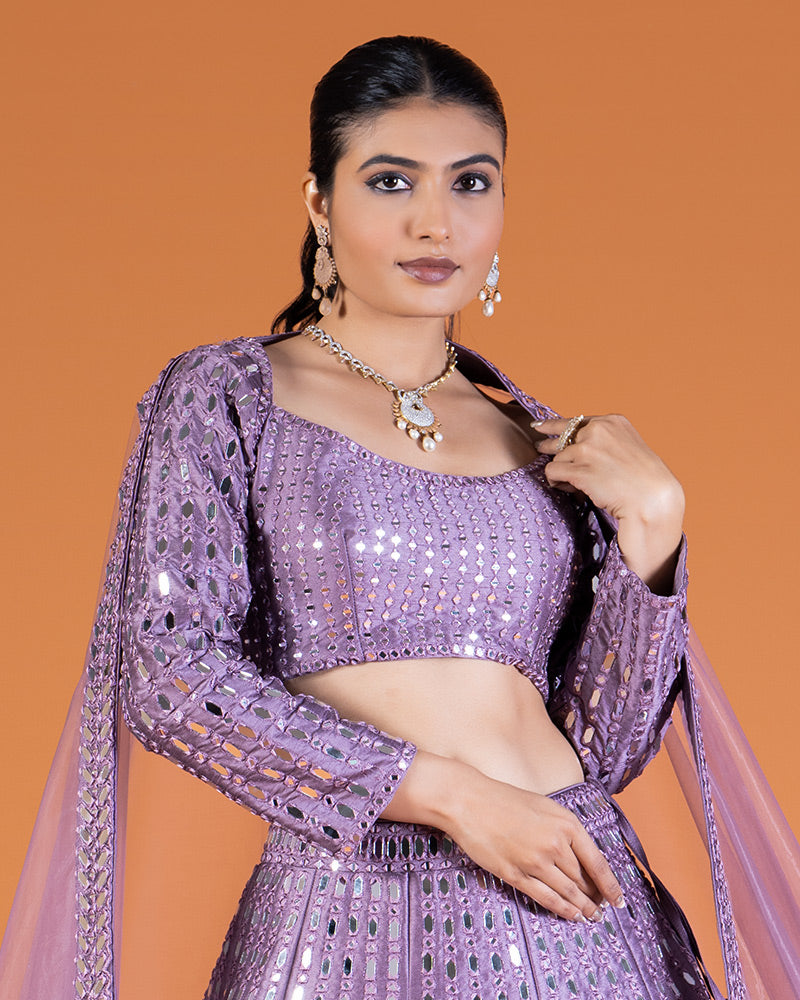 Mirror Work Embellished Lavender-Purple Lehenga Choli with Dupatta