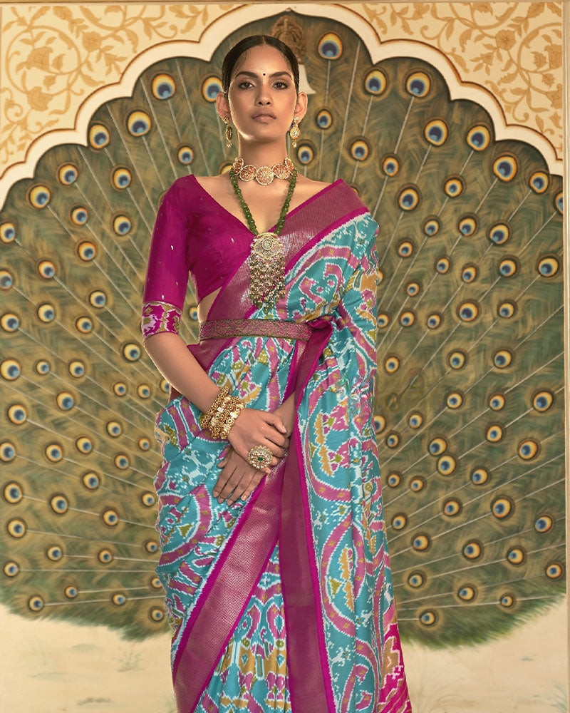 Ikkat Saree with Patola Motifs in Teal Blue