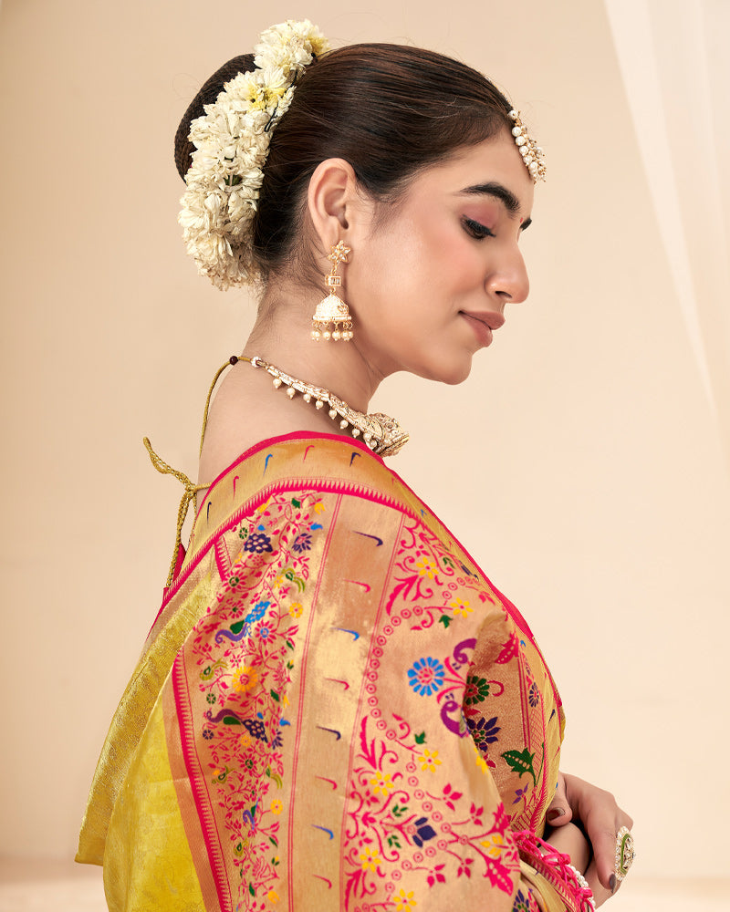 Golden Yellow Zari Woven Silk Saree and Pink Embroidered Pallu