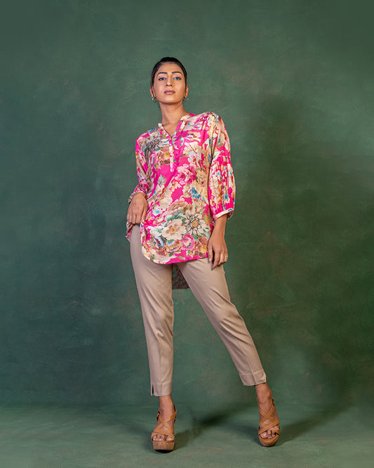 Rani Pink Floral Printed Top and Pant for Casual Look