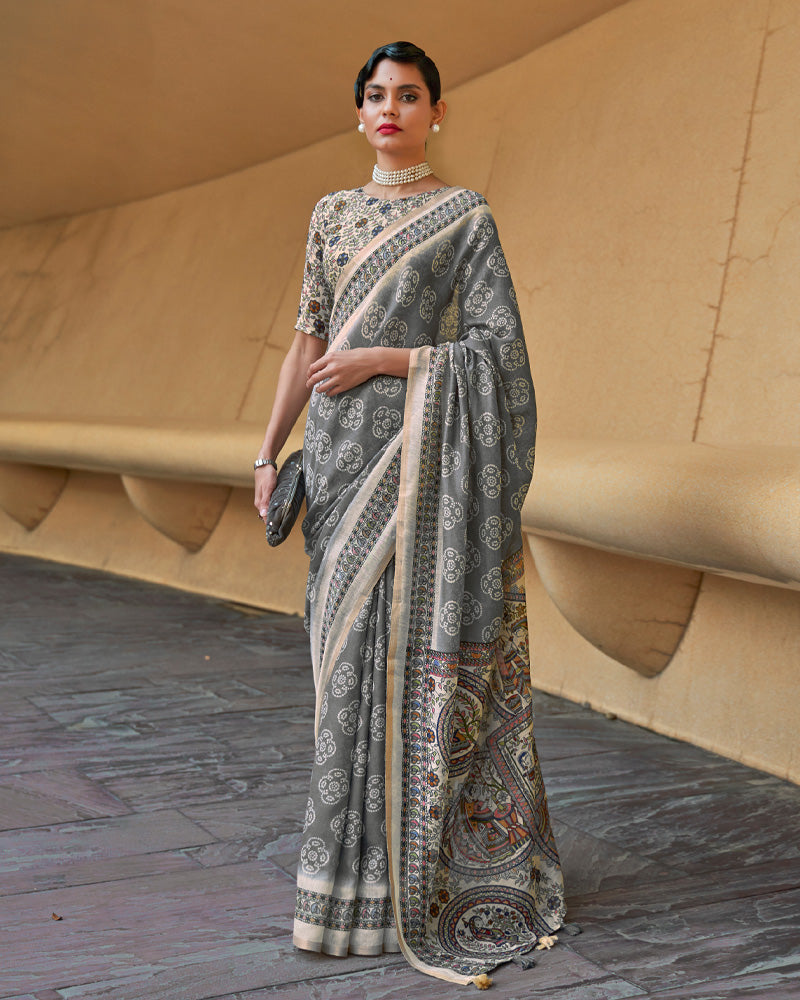 Carbon Grey Printed Chiffon Saree With Madhubani Print Pallu and Unstitched Blouse Piece