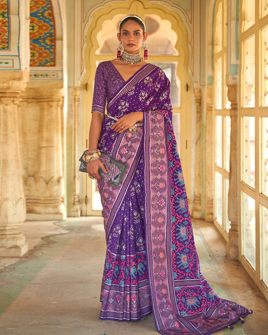 Purple Haze Floral and Elephant Motifs Ikat Printed Silk Saree