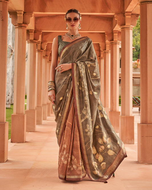 French Beige Cotton Silk Saree With Unstitched Blouse