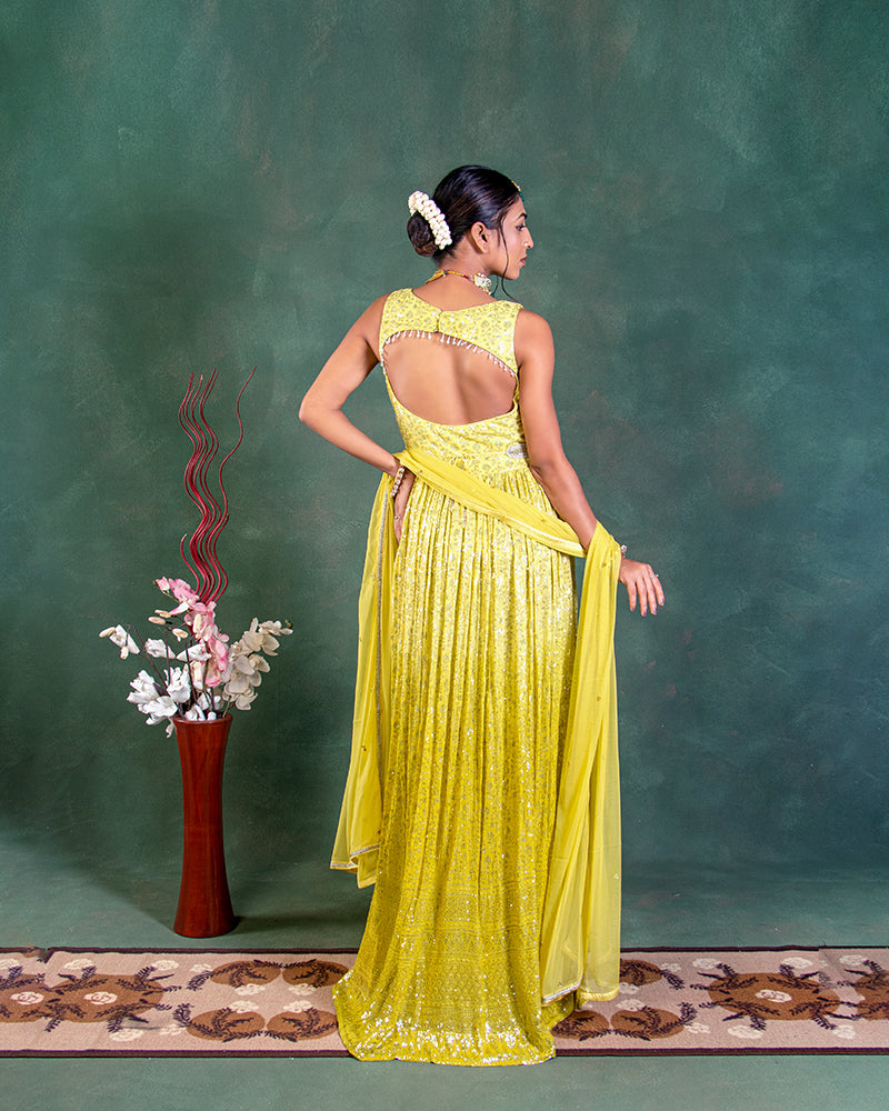SLEEVELESS BRIGHT YELLOW EMBROIDERED GOWN