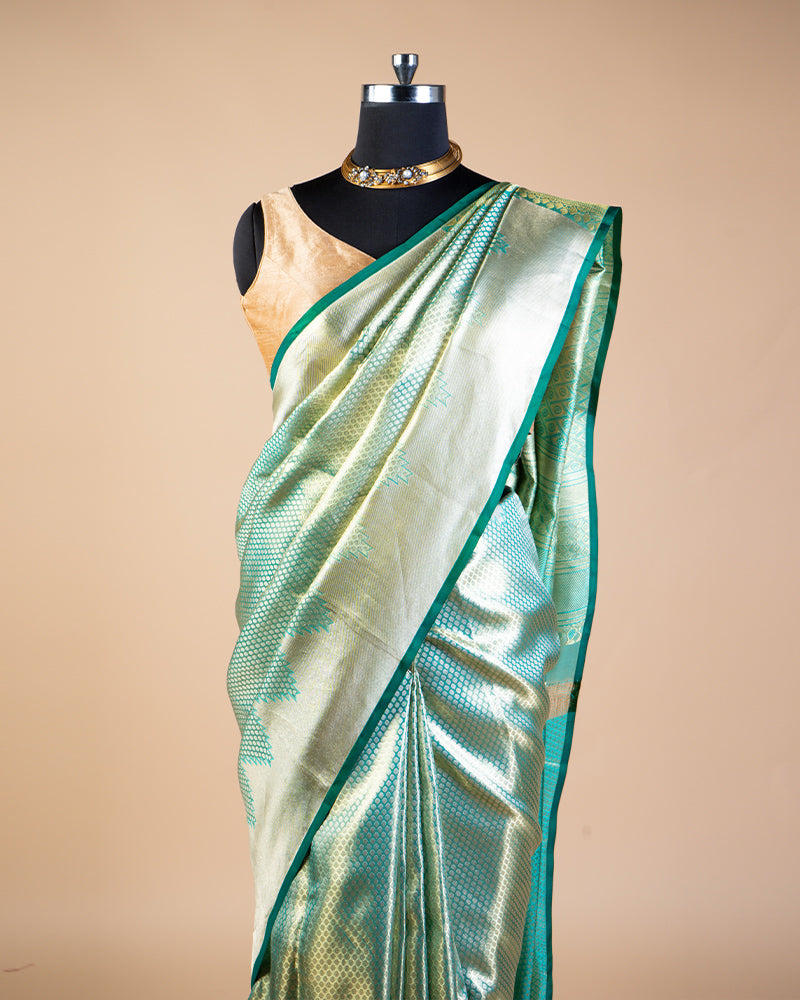 Persian Green Foil Printed Kanjivaram Silk Saree With Unstitched Blouse