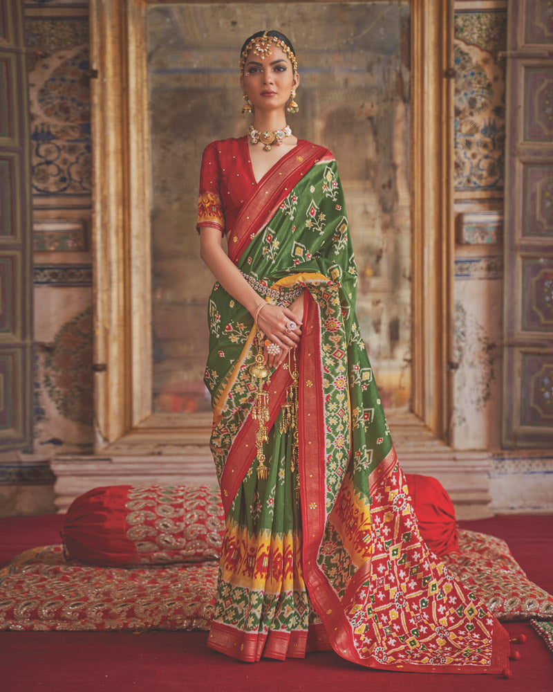 Hazel Green Ikat Hand Work Printed Patola Saree With Unstitched Blouse