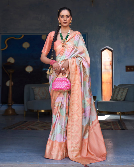 Coral Orange Foil Printed Silk Saree With Unstitched Blouse