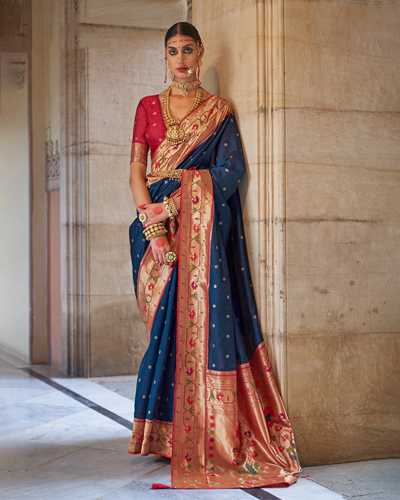 Blue Paithani Silk Saree With Unstitched Blouse Piece