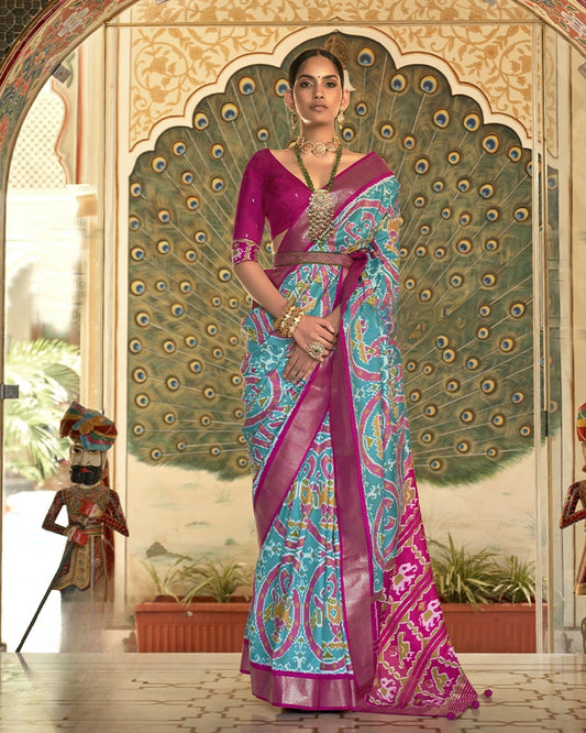 Ikkat Saree with Patola Motifs in Teal Blue