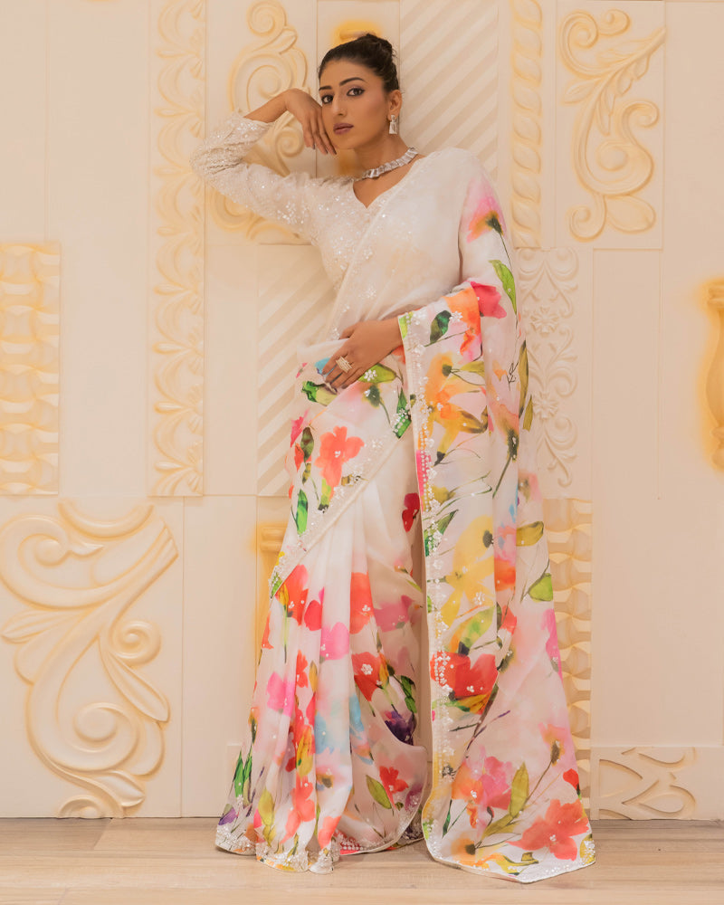 White Floral Printed Georgette Saree With unstitched blouse