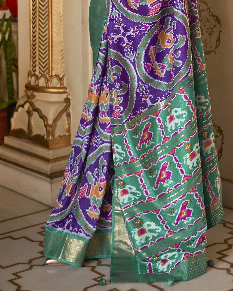 Ikkat Patola Pure Cotton Silk Saree in Purple with Zari Border