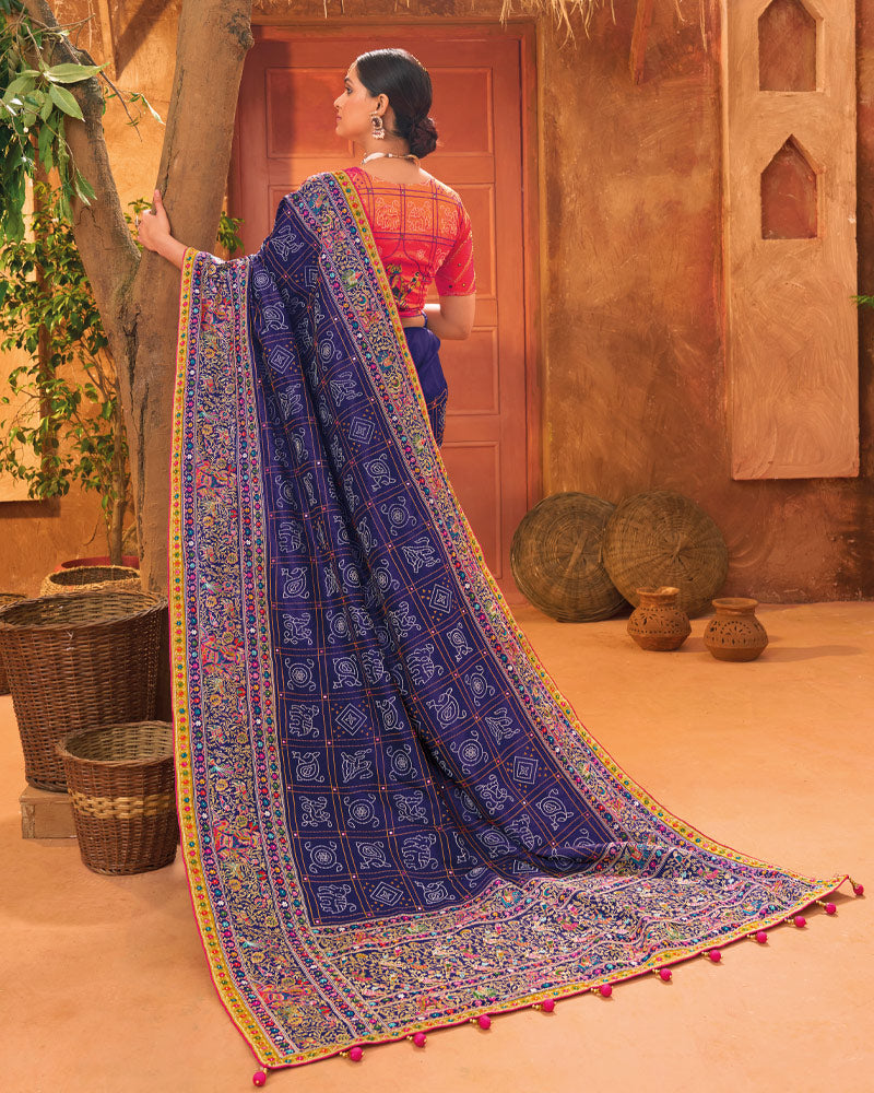 Indigo Blue Silk Saree With Floral Embroidered Pallu