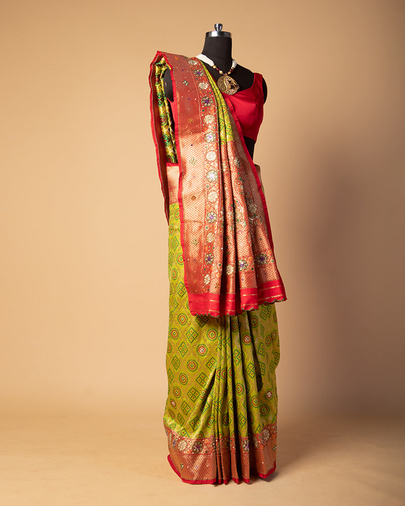 Olive Green Badhani Printed Silk Saree with Hand Embroidered Pallu
