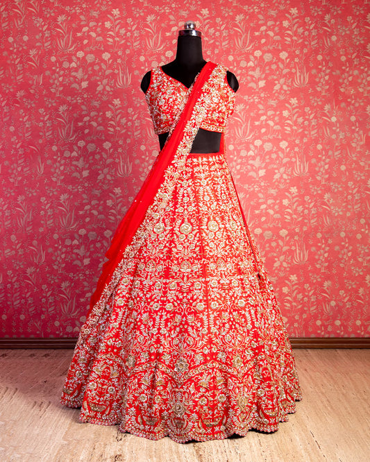 Red Sequins Bridal lehenga choli for bride with dupatta