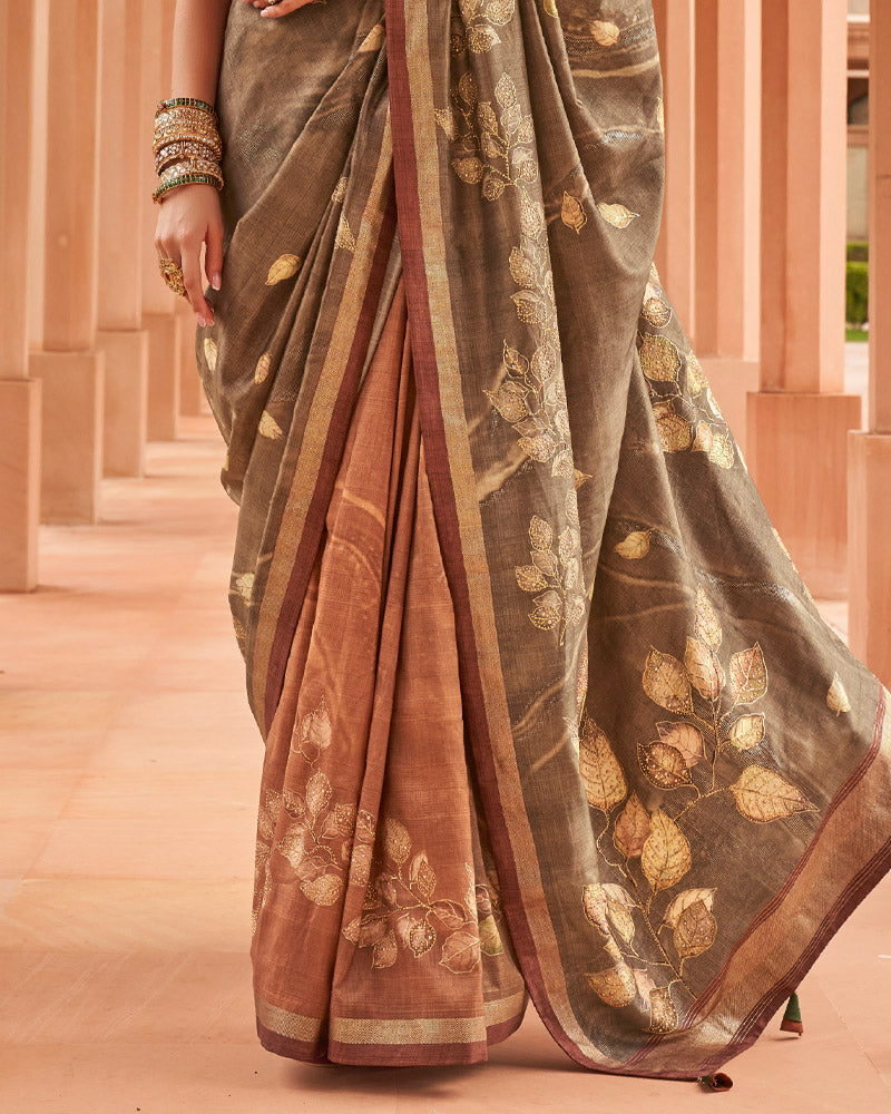 French Beige Cotton Silk Saree With Unstitched Blouse